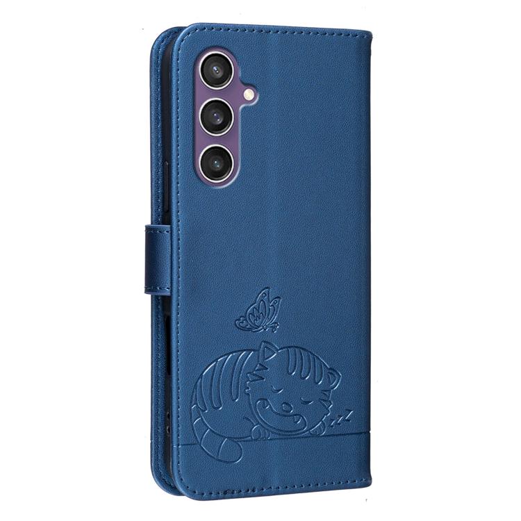 For Galaxy S23 FE 5G Cat Butterfly Embossed RFID Vegan Leather Phone Case with Strap