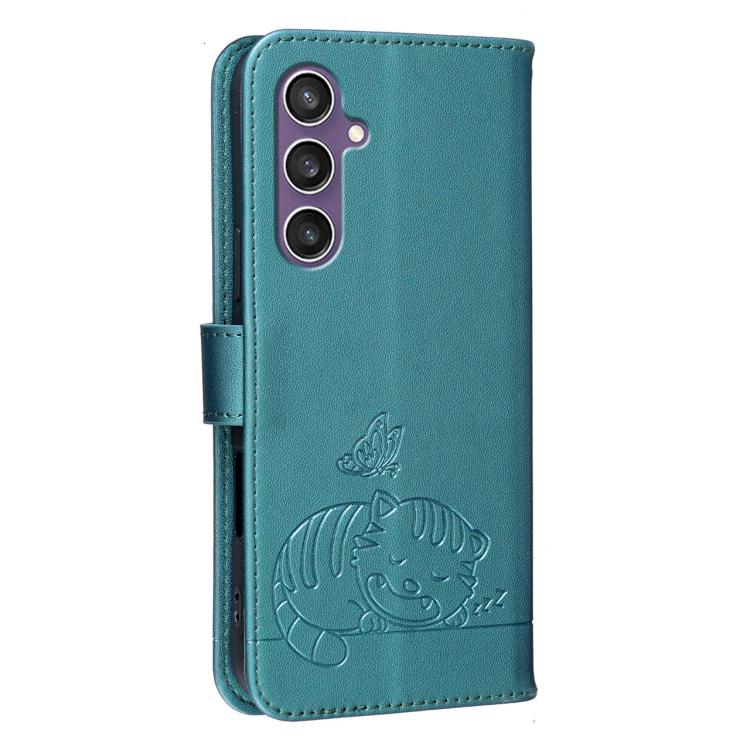 For Galaxy S23 FE 5G Cat Butterfly Embossed RFID Vegan Leather Phone Case with Strap
