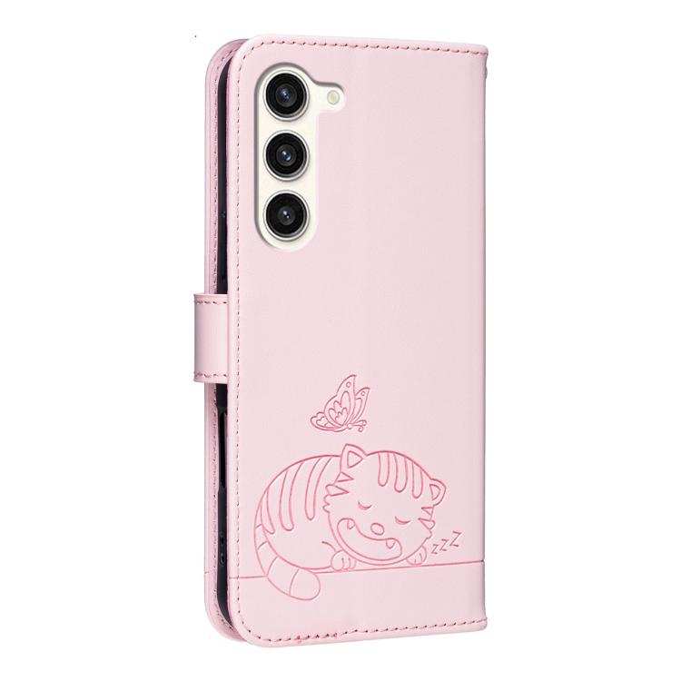 For Galaxy S23+ 5G Cat Butterfly Embossed RFID Vegan Leather Phone Case with Strap