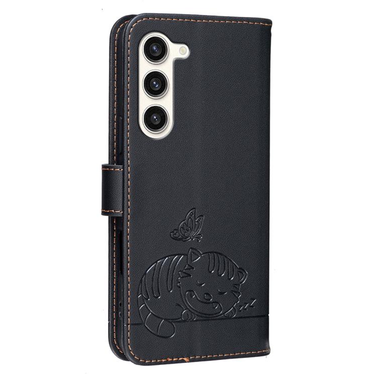 For Galaxy S23+ 5G Cat Butterfly Embossed RFID Vegan Leather Phone Case with Strap
