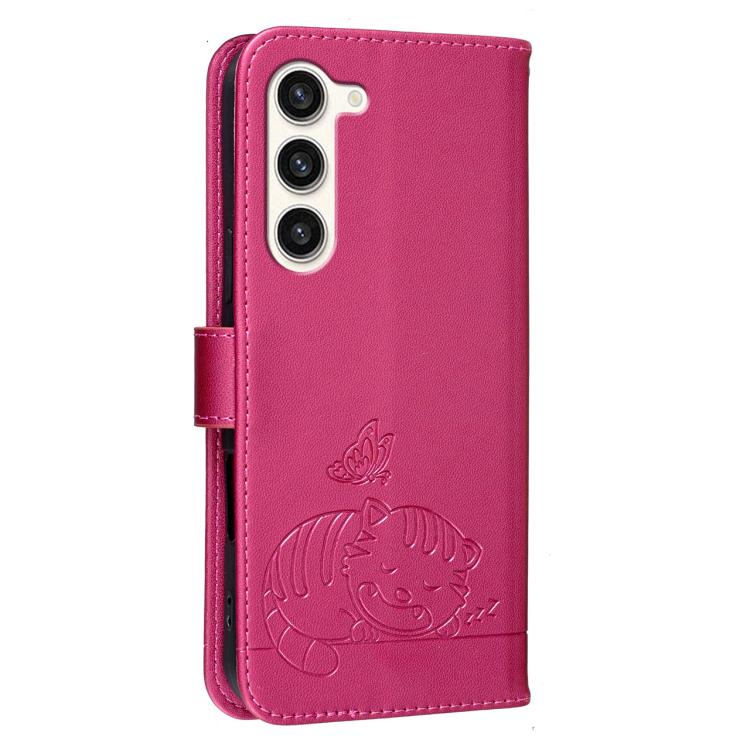 For Galaxy S23+ 5G Cat Butterfly Embossed RFID Vegan Leather Phone Case with Strap