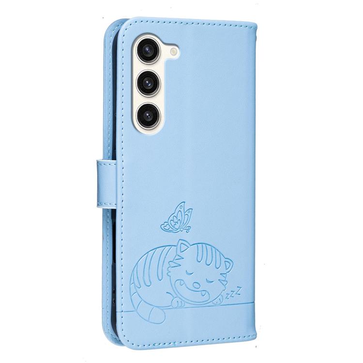 For Galaxy S23+ 5G Cat Butterfly Embossed RFID Vegan Leather Phone Case with Strap