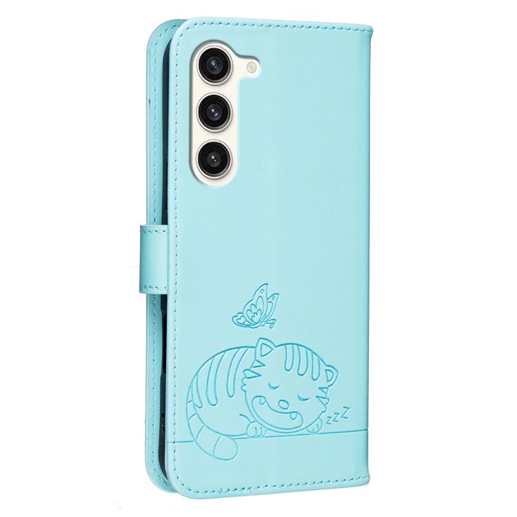 For Galaxy S23+ 5G Cat Butterfly Embossed RFID Vegan Leather Phone Case with Strap