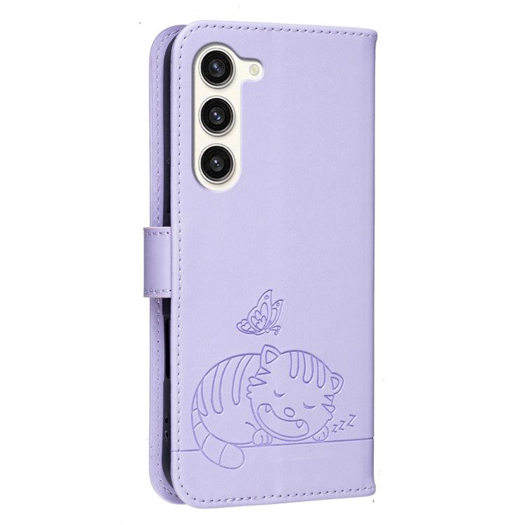 For Galaxy S23+ 5G Cat Butterfly Embossed RFID Vegan Leather Phone Case with Strap