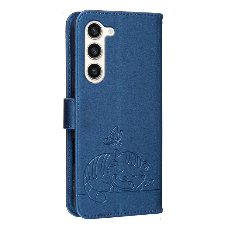 For Galaxy S23+ 5G Cat Butterfly Embossed RFID Vegan Leather Phone Case with Strap