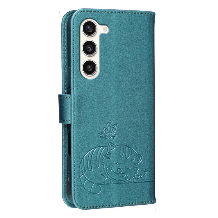 For Galaxy S23+ 5G Cat Butterfly Embossed RFID Vegan Leather Phone Case with Strap