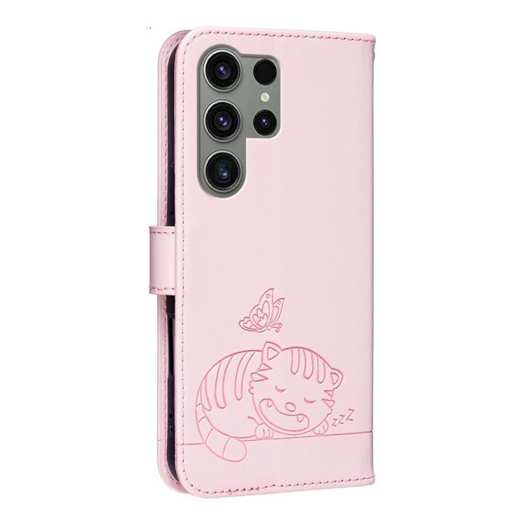 For Galaxy S23 Ultra 5G Cat Butterfly Embossed RFID Vegan Leather Phone Case with Strap