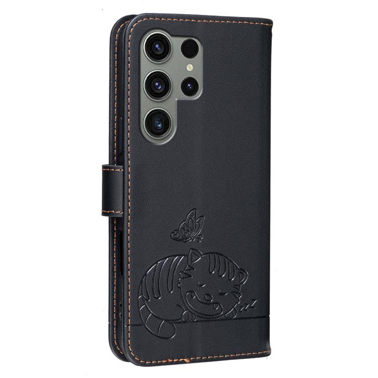 For Galaxy S23 Ultra 5G Cat Butterfly Embossed RFID Vegan Leather Phone Case with Strap