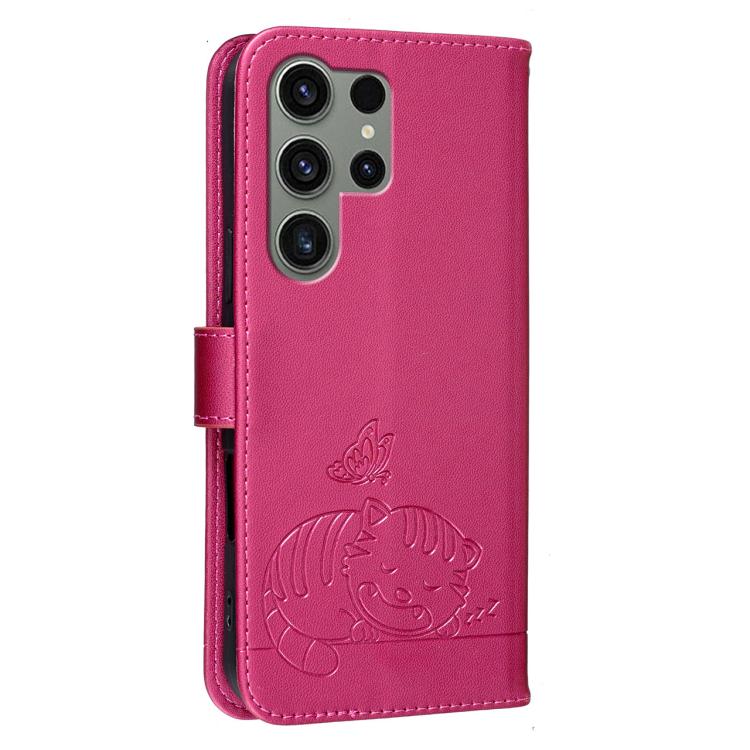 For Galaxy S23 Ultra 5G Cat Butterfly Embossed RFID Vegan Leather Phone Case with Strap