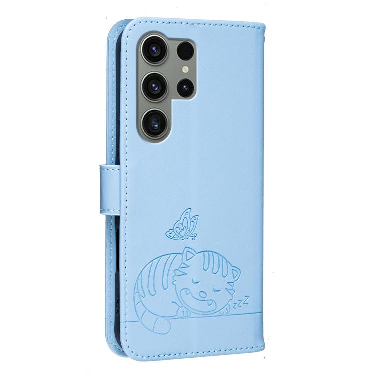 For Galaxy S23 Ultra 5G Cat Butterfly Embossed RFID Vegan Leather Phone Case with Strap