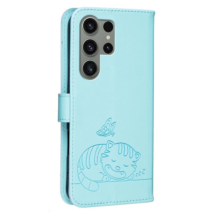 For Galaxy S23 Ultra 5G Cat Butterfly Embossed RFID Vegan Leather Phone Case with Strap