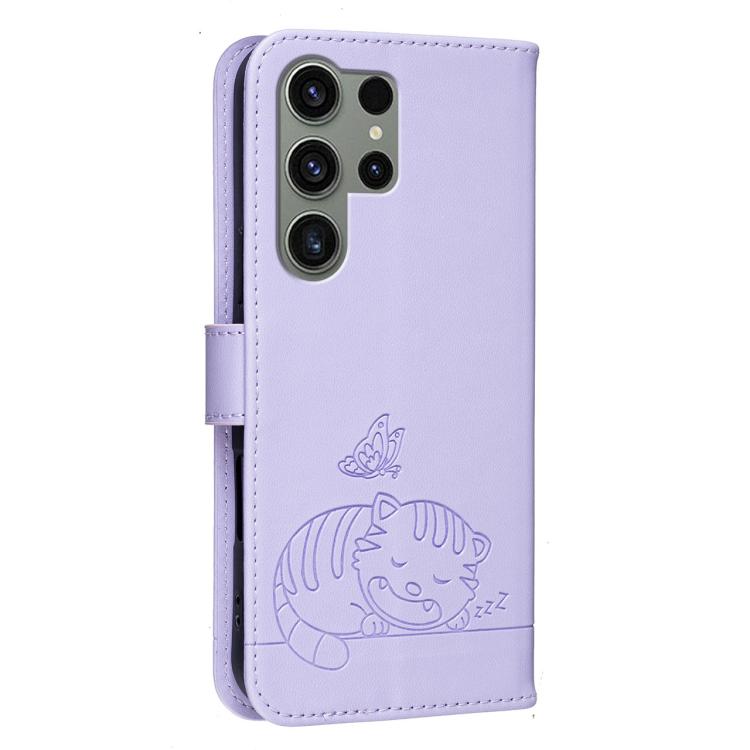 For Galaxy S23 Ultra 5G Cat Butterfly Embossed RFID Vegan Leather Phone Case with Strap