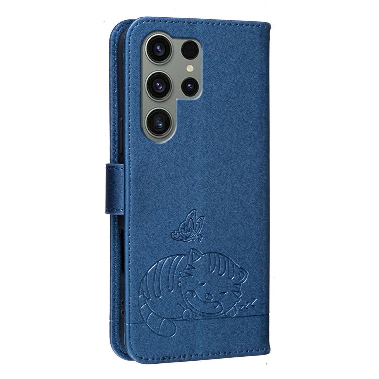 For Galaxy S23 Ultra 5G Cat Butterfly Embossed RFID Vegan Leather Phone Case with Strap
