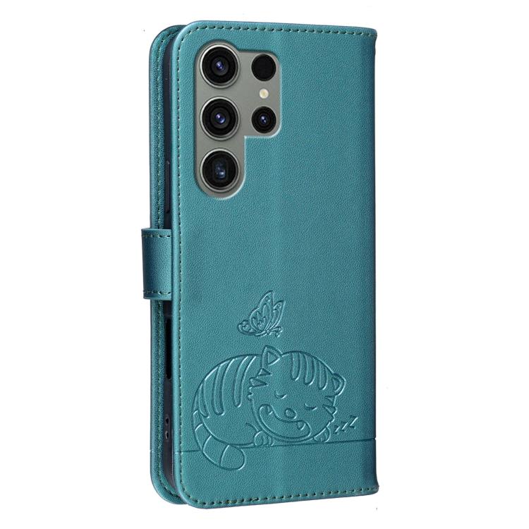For Galaxy S23 Ultra 5G Cat Butterfly Embossed RFID Vegan Leather Phone Case with Strap