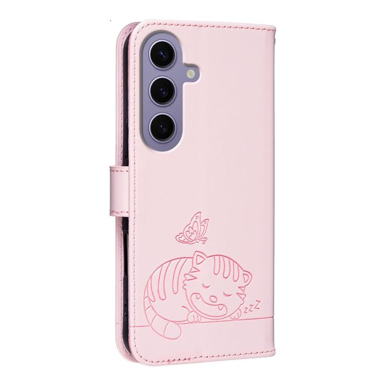 For Galaxy S24 5G Cat Butterfly Embossed RFID Vegan Leather Phone Case with Strap