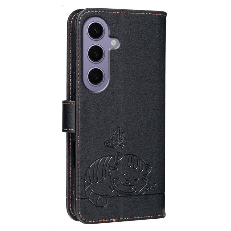 For Galaxy S24 5G Cat Butterfly Embossed RFID Vegan Leather Phone Case with Strap