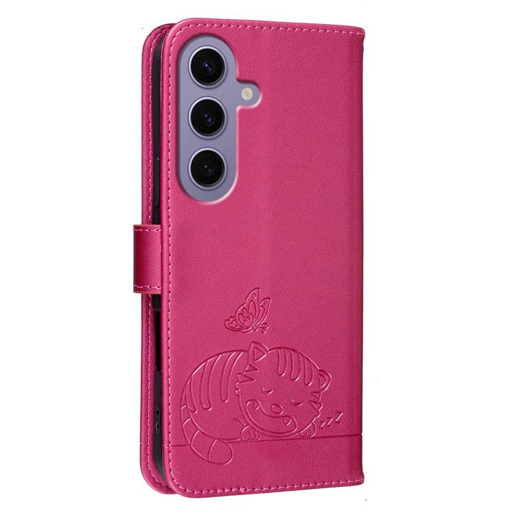 For Galaxy S24 5G Cat Butterfly Embossed RFID Vegan Leather Phone Case with Strap
