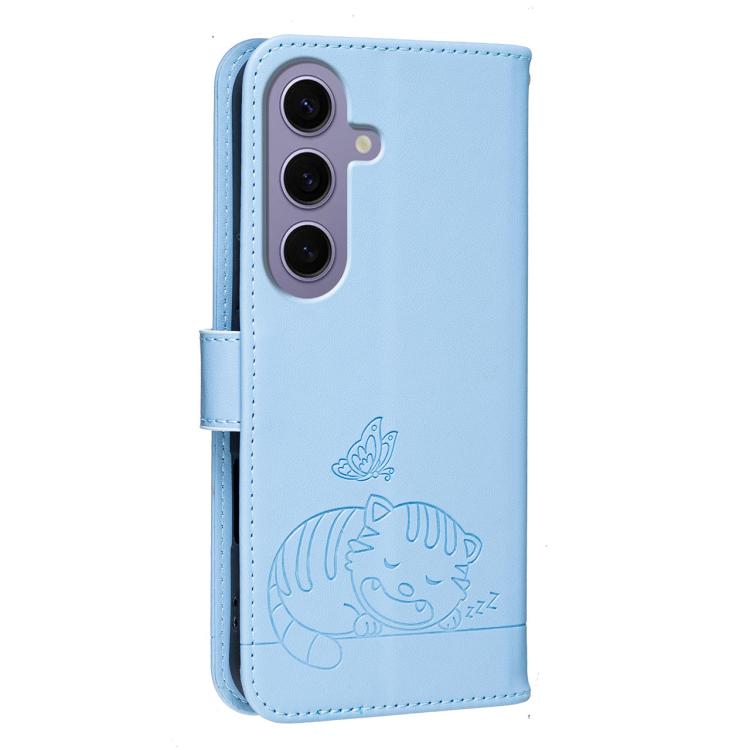 For Galaxy S24 5G Cat Butterfly Embossed RFID Vegan Leather Phone Case with Strap