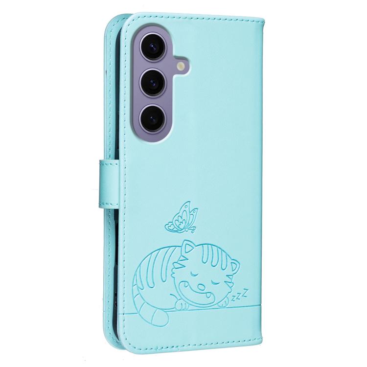 For Galaxy S24 5G Cat Butterfly Embossed RFID Vegan Leather Phone Case with Strap
