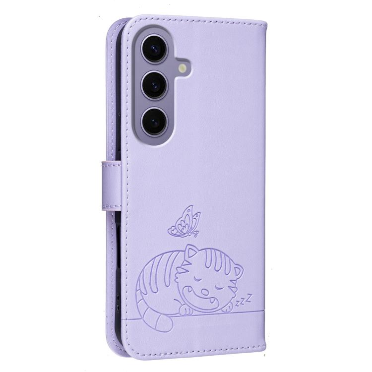 For Galaxy S24 5G Cat Butterfly Embossed RFID Vegan Leather Phone Case with Strap
