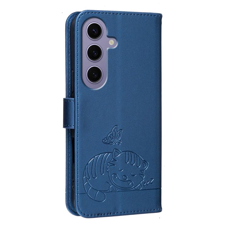 For Galaxy S24 5G Cat Butterfly Embossed RFID Vegan Leather Phone Case with Strap