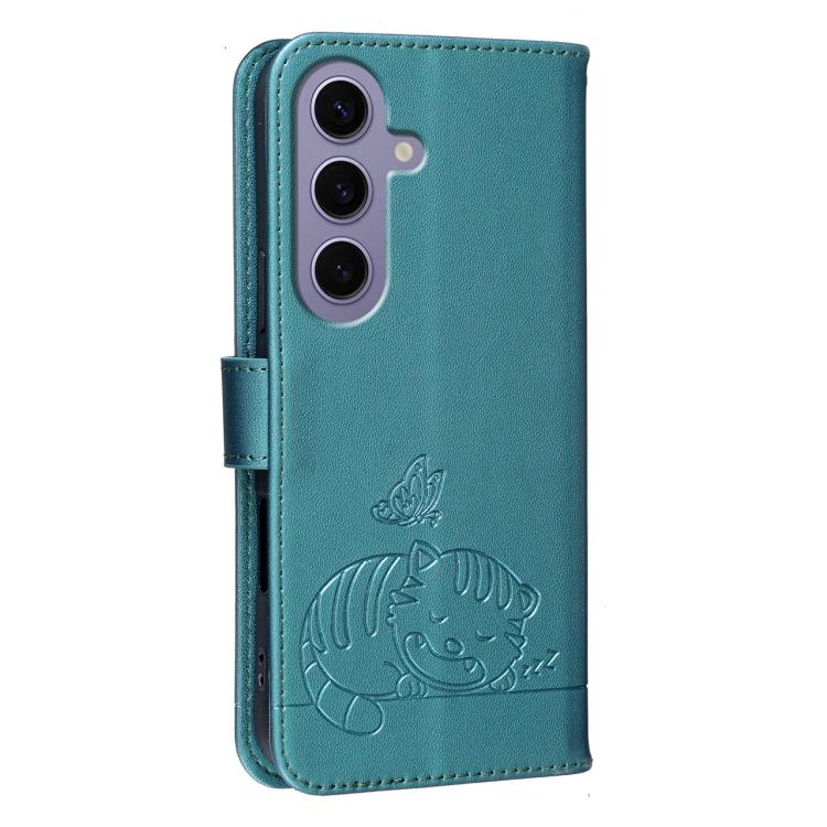 For Galaxy S24 5G Cat Butterfly Embossed RFID Vegan Leather Phone Case with Strap