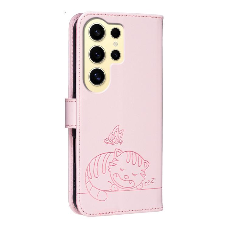 For Galaxy S24 Ultra 5G Cat Butterfly Embossed RFID Vegan Leather Phone Case with Strap