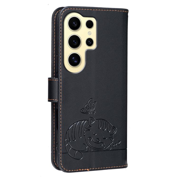 For Galaxy S24 Ultra 5G Cat Butterfly Embossed RFID Vegan Leather Phone Case with Strap