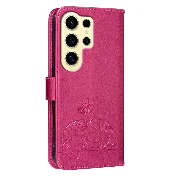For Galaxy S24 Ultra 5G Cat Butterfly Embossed RFID Vegan Leather Phone Case with Strap