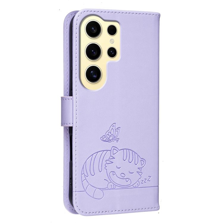 For Galaxy S24 Ultra 5G Cat Butterfly Embossed RFID Vegan Leather Phone Case with Strap