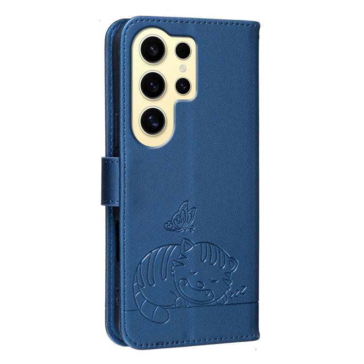 For Galaxy S24 Ultra 5G Cat Butterfly Embossed RFID Vegan Leather Phone Case with Strap
