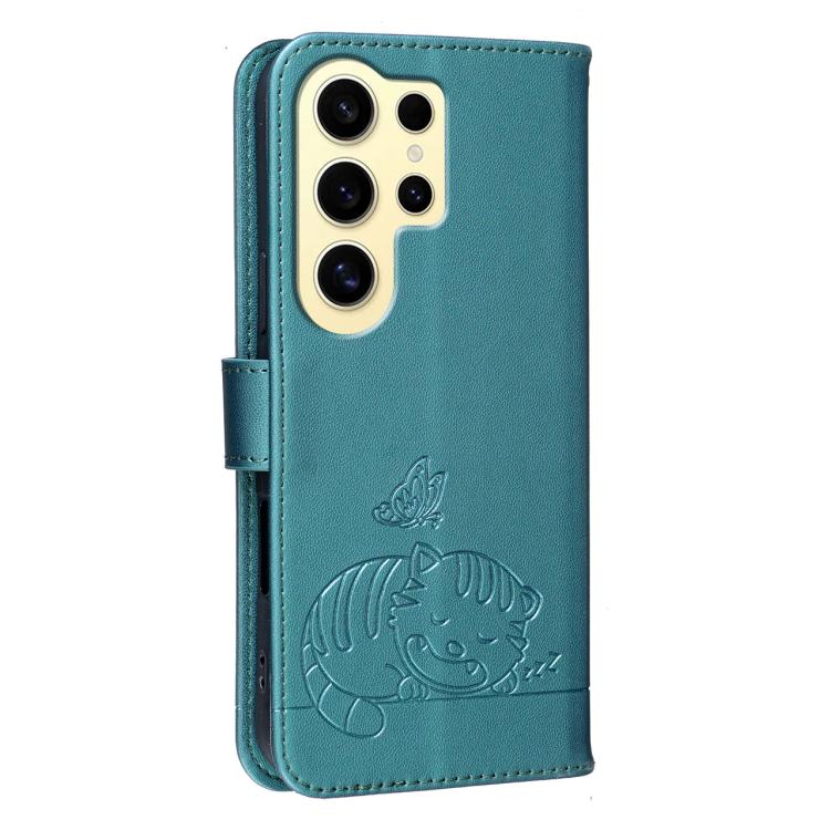 For Galaxy S24 Ultra 5G Cat Butterfly Embossed RFID Vegan Leather Phone Case with Strap