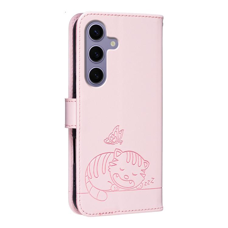 For Galaxy S25 5G Cat Butterfly Embossed RFID Vegan Leather Phone Case with Strap