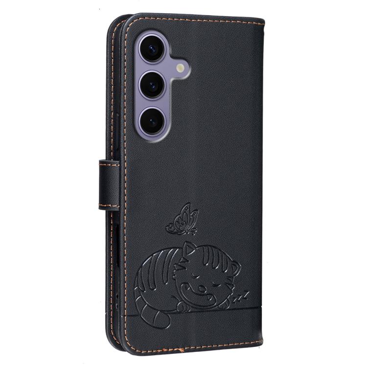 For Galaxy S25 5G Cat Butterfly Embossed RFID Vegan Leather Phone Case with Strap