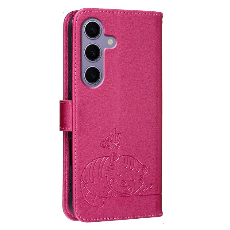 For Galaxy S25 5G Cat Butterfly Embossed RFID Vegan Leather Phone Case with Strap