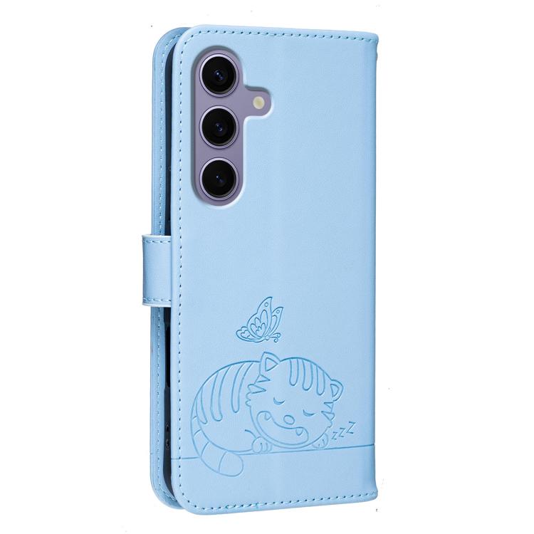For Galaxy S25 5G Cat Butterfly Embossed RFID Vegan Leather Phone Case with Strap