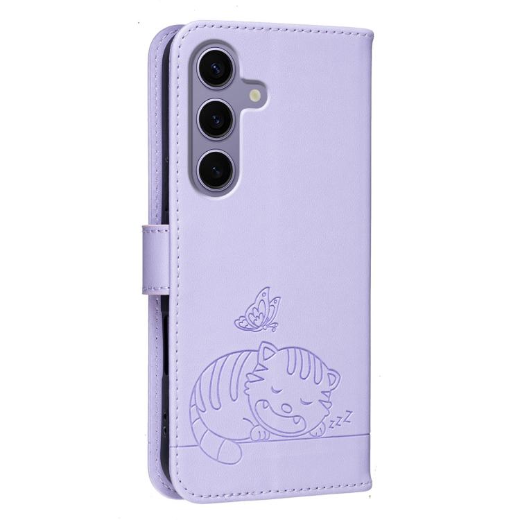 For Galaxy S25 5G Cat Butterfly Embossed RFID Vegan Leather Phone Case with Strap