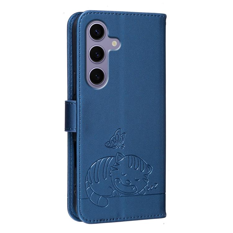 For Galaxy S25 5G Cat Butterfly Embossed RFID Vegan Leather Phone Case with Strap