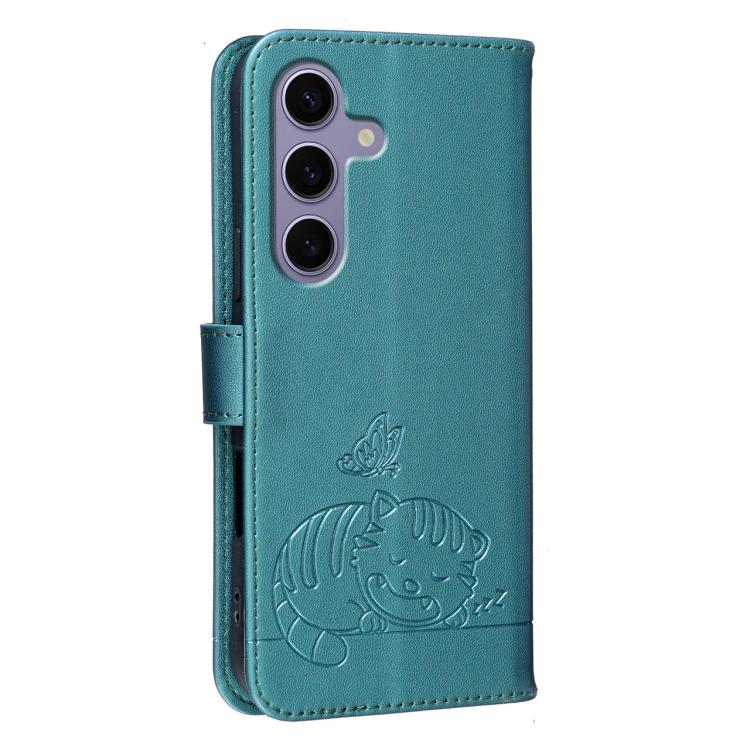 For Galaxy S25 5G Cat Butterfly Embossed RFID Vegan Leather Phone Case with Strap