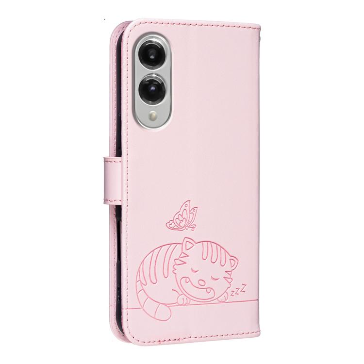 For Galaxy S25 Edge 5G Cat Butterfly Embossed RFID Vegan Leather Phone Case with Strap