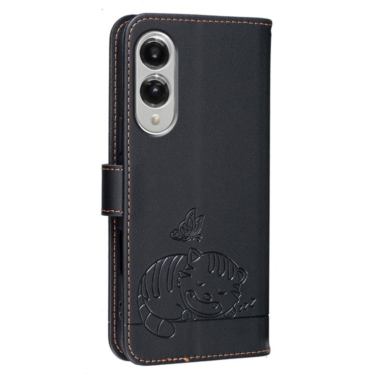For Galaxy S25 Edge 5G Cat Butterfly Embossed RFID Vegan Leather Phone Case with Strap