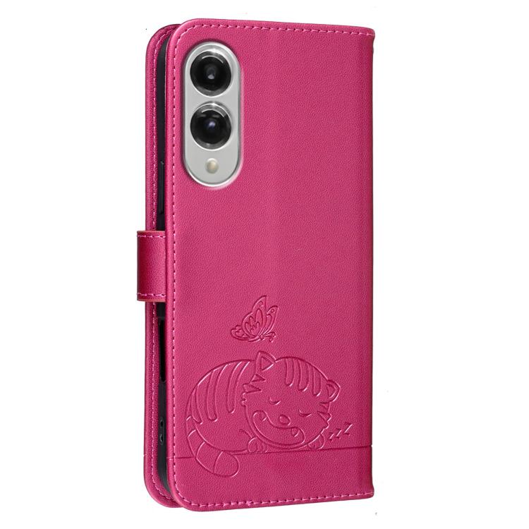 For Galaxy S25 Edge 5G Cat Butterfly Embossed RFID Vegan Leather Phone Case with Strap