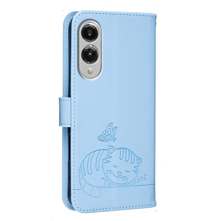 For Galaxy S25 Edge 5G Cat Butterfly Embossed RFID Vegan Leather Phone Case with Strap