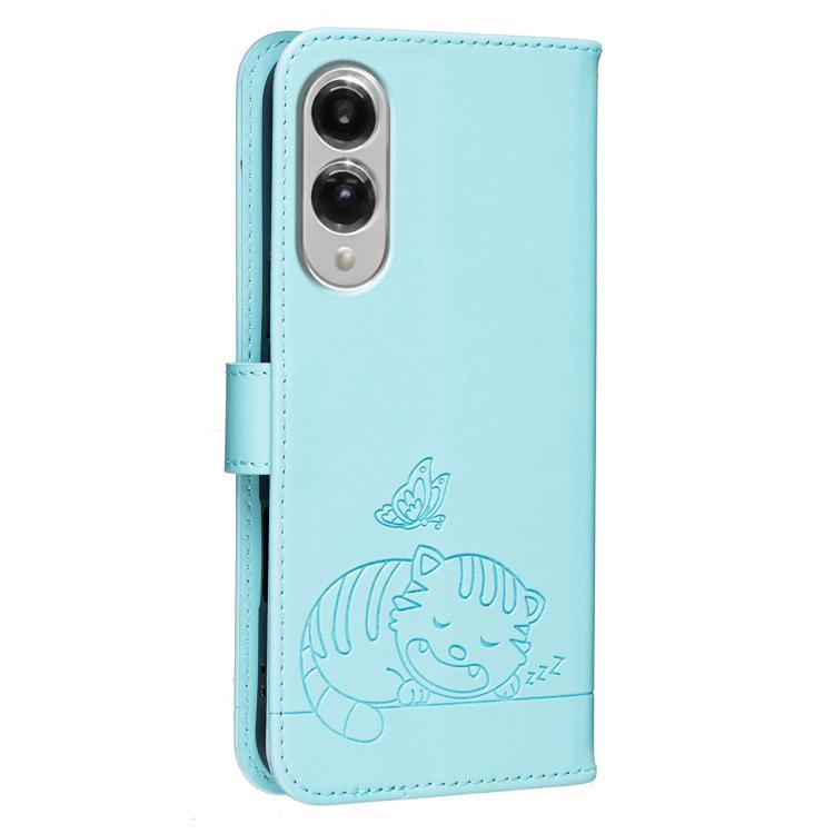 For Galaxy S25 Edge 5G Cat Butterfly Embossed RFID Vegan Leather Phone Case with Strap