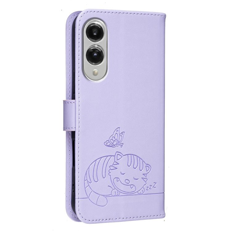 For Galaxy S25 Edge 5G Cat Butterfly Embossed RFID Vegan Leather Phone Case with Strap
