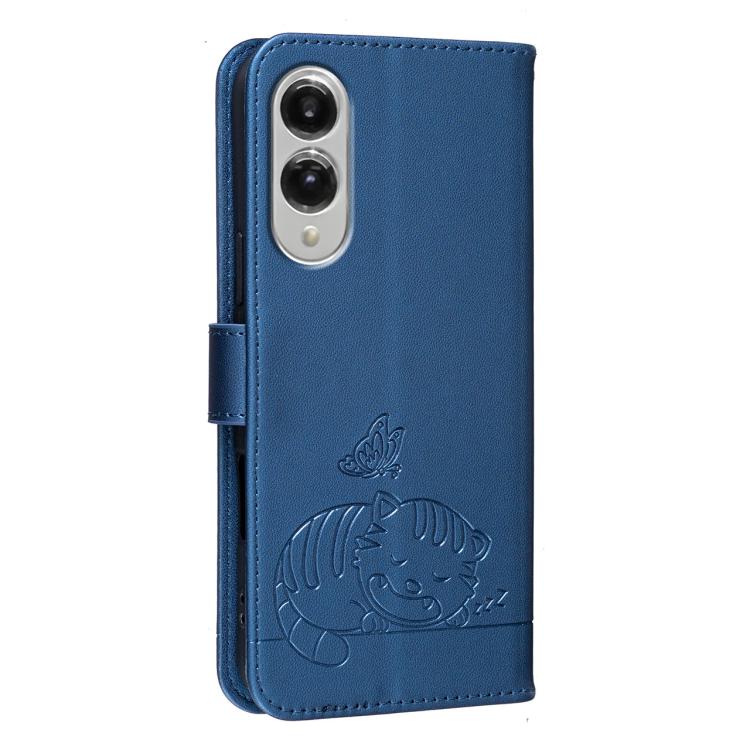 For Galaxy S25 Edge 5G Cat Butterfly Embossed RFID Vegan Leather Phone Case with Strap
