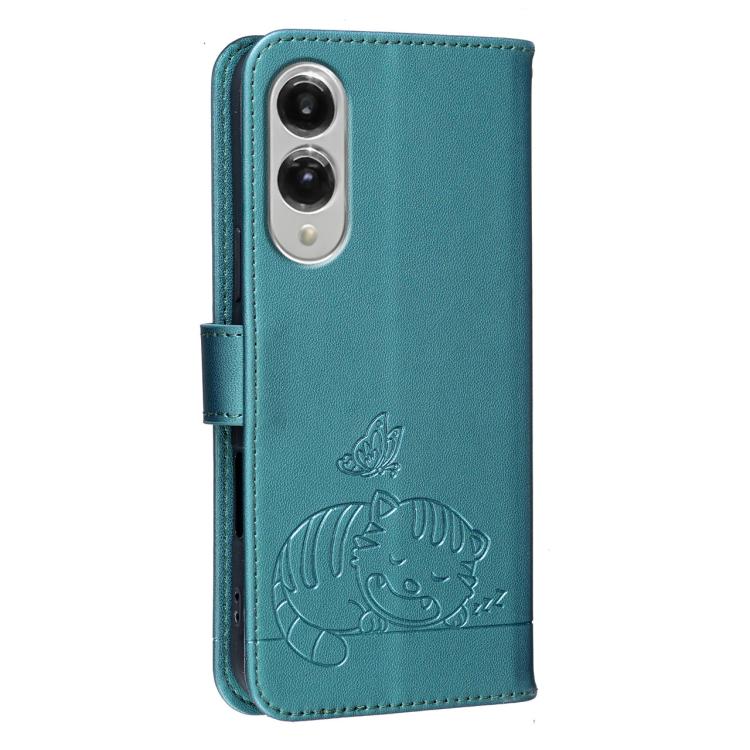 For Galaxy S25 Edge 5G Cat Butterfly Embossed RFID Vegan Leather Phone Case with Strap