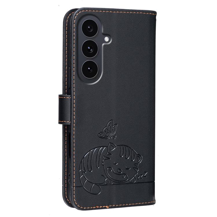 For Galaxy S25 FE 5G Cat Butterfly Embossed RFID Vegan Leather Phone Case with Strap