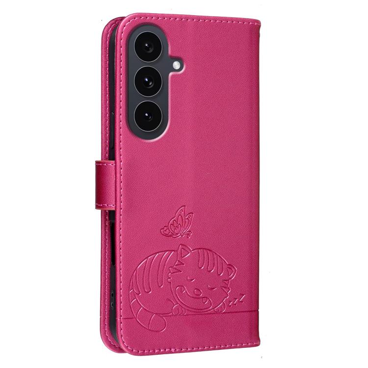 For Galaxy S25 FE 5G Cat Butterfly Embossed RFID Vegan Leather Phone Case with Strap