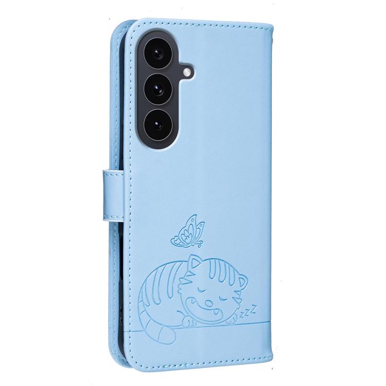 For Galaxy S25 FE 5G Cat Butterfly Embossed RFID Vegan Leather Phone Case with Strap